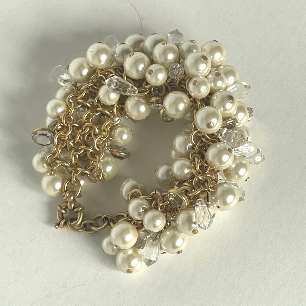 J.Crew Faux Pearl & Crystal Cluster Gold Chain Statement Bracelet - Picture 3 of 10